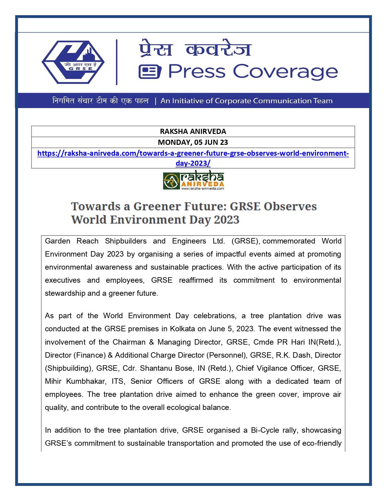 Towards a Greener Future : GRSE observes World Environment Day 2023